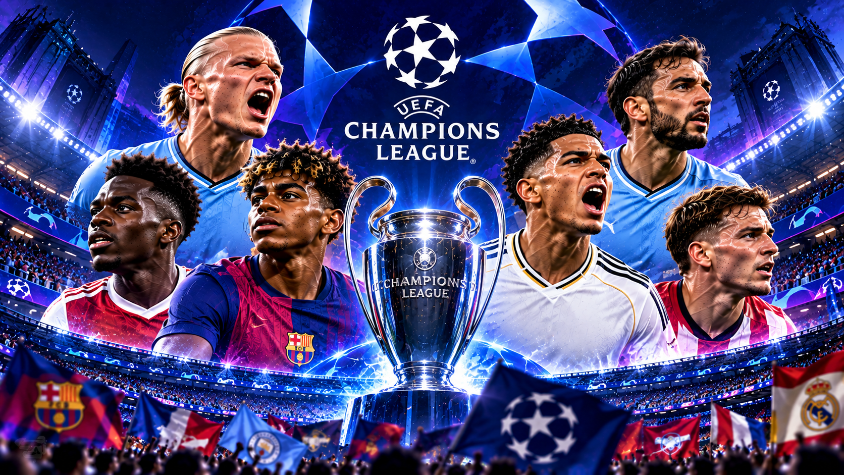 Champions League trophy and European football stars