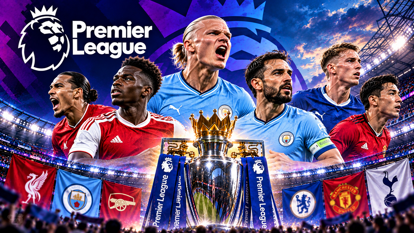 Premier League football stadium and trophy